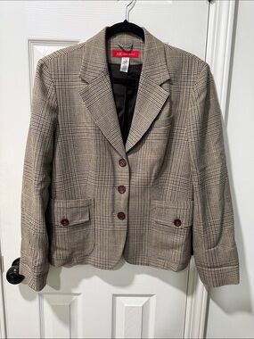 Anne Klein wool blend Taupe lavender and sage Plaid Blazer Jacket wood buttons